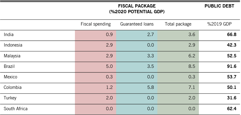Fig.1 - table showing breakdown of fiscal expenditure divided by fiscal spending and guaranteed loans as a % of GDP for 8 key emerging markets: India, Indonesia, Malaysia, Brazil, Mexico, Colombia, Turkey, South Africa