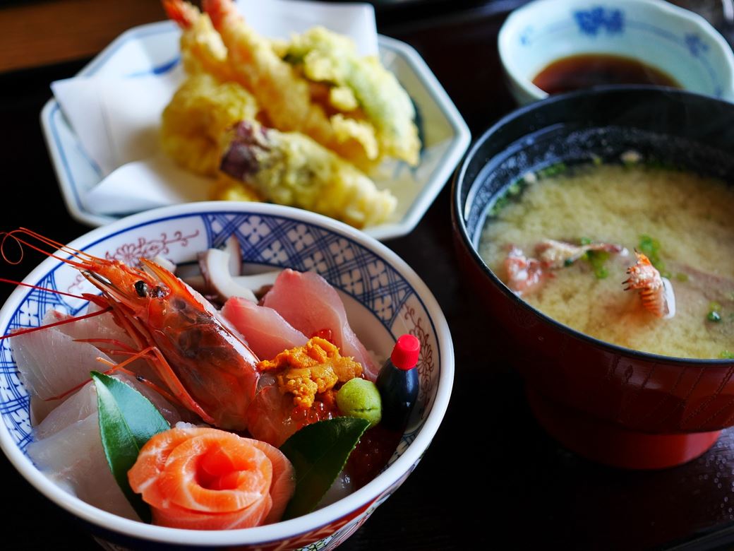 Japanese food with sushi donburi tempura and miso soup